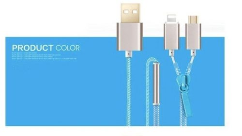 Usb Cable Ios Mini Charger Cable Zipper High Speed 2 In 1 Data Transmit Charging For Android + For Iphone6,5 Zipper Security – Blue, 1-m