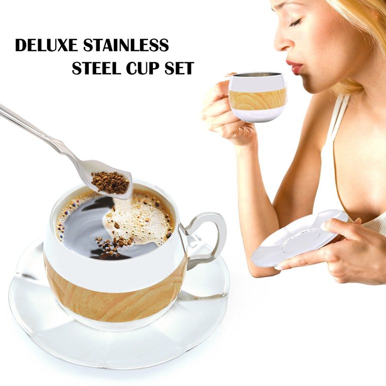 Coffee Cup Set Yummy Sam® Stainless Steel 140ml Coffee / Milk Cup with Spoon and Saucer Double Wall Beverage Mug / Coffee Cup Coffee Mug Home Gadget Kitchen tool - Image 5