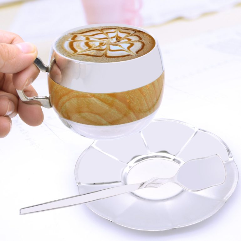Coffee Cup Set Yummy Sam® Stainless Steel 140ml Coffee / Milk Cup with Spoon and Saucer Double Wall Beverage Mug / Coffee Cup Coffee Mug Home Gadget Kitchen tool - Image 6