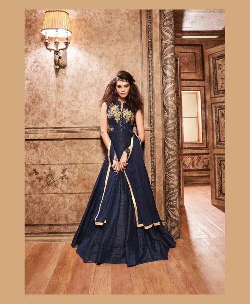 Navy Blue Banarasi Silk Long Party Wear Suit 78033