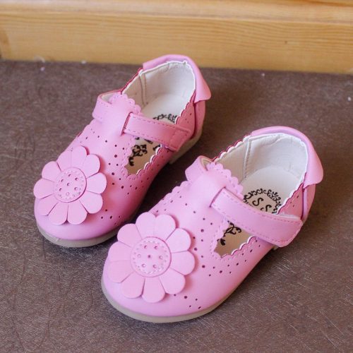 Flower Decoration Pure Color Hollow Out Hook Loop Flat Girls Shoes