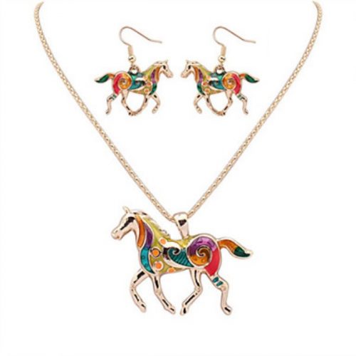 Women European Style Fashion Colorful Rainbow Horse Necklace Earring Set