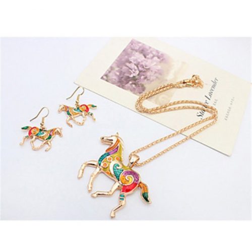 Women European Style Fashion Colorful Rainbow Horse Necklace Earring Set