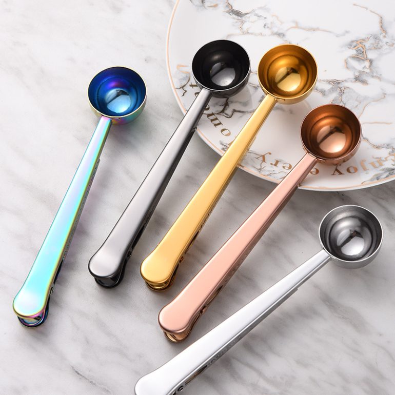 304 Stainless Steel Tea Coffee Measuring Spoon Two-in-one Long Handled Multifunction Tea Spoon with Bag Clip For Coffee