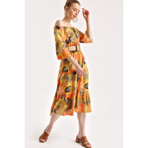 Women’s Elastic Neckline Patterned Mustard Midi Dress