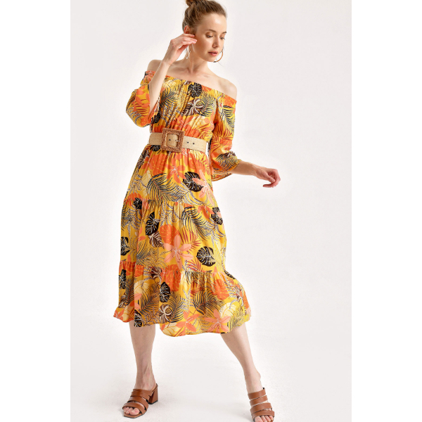 Women's Elastic Neckline Patterned Mustard Midi Dress 7Store