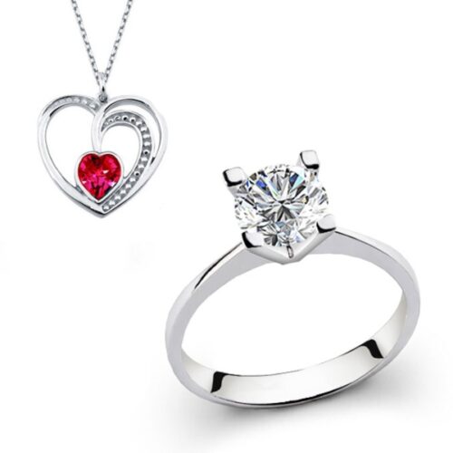 Women’s Swarovski Single Stone Ring- Heart Pendant Necklace Gift