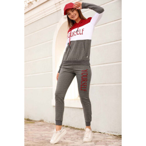Women’s Hooded Red Gray Sweat Suit