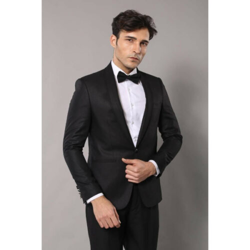 Men’s Shawl Collar Patterned Black Suit