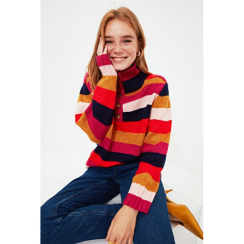 Women’s Button Detail Striped Tricot Sweater