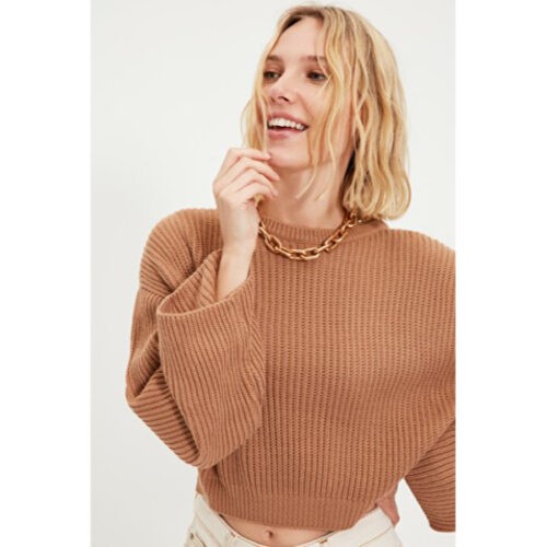 Women’s Flare Sleeves Camel Crop Tricot Sweater