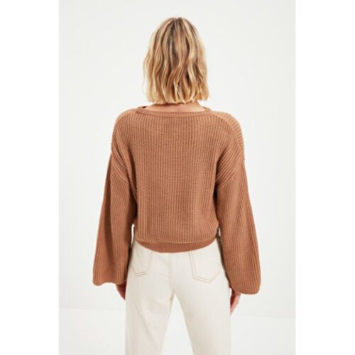 Women’s Flare Sleeves Camel Crop Tricot Sweater