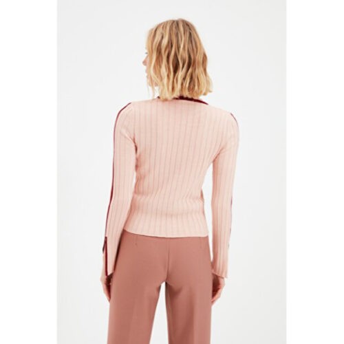 Women’s Slit Sleeves Powder Rose Tricot Sweater