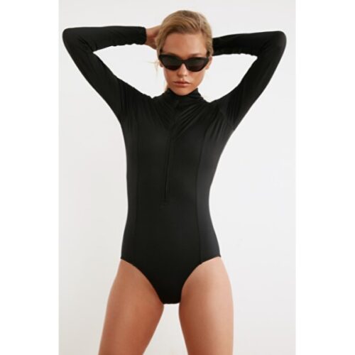 Women’s Long Sleeves Zipper Black Swimwear