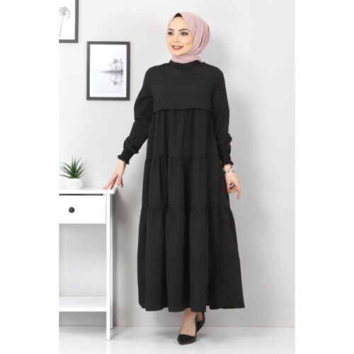 Women’s Ruffle Black Modest Dress