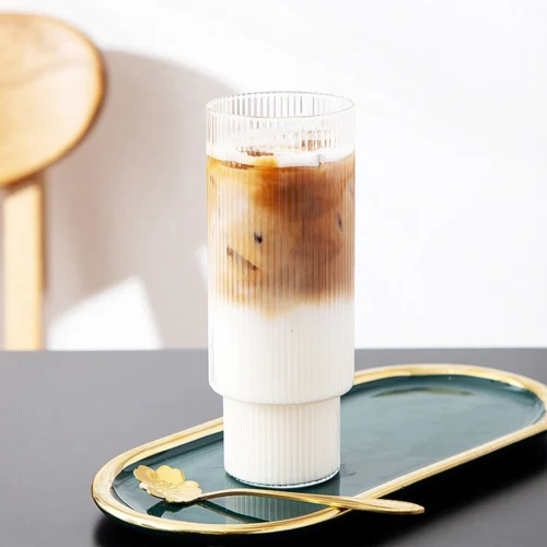 Transparent Coffee Cup Ribbed Glass Drinkware Vertical Stripes Set 300ml