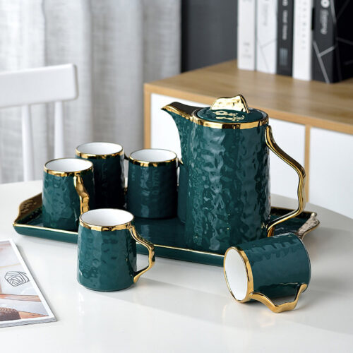 Tea Coffee Mug Set Green Modern Luxury Ceramic Tea Set With Tea Pot And Tray