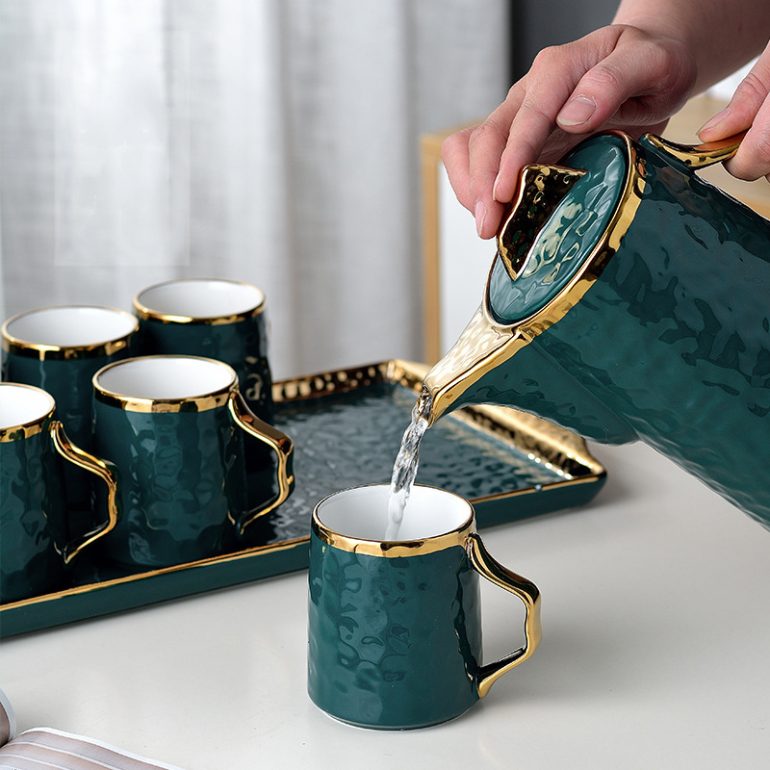 Tea Coffee Mug Set Green Modern Luxury Ceramic Tea Set With Tea Pot And Tray - Image 5