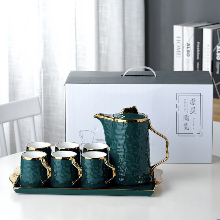 Tea Coffee Mug Set Green Modern Luxury Ceramic Tea Set With Tea Pot And Tray - Image 3