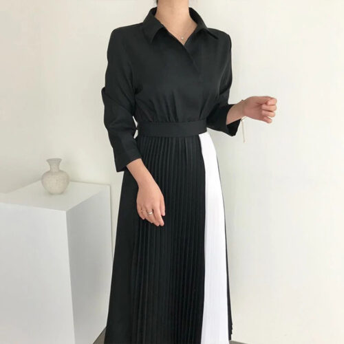 Long Dress Sleeve Patchwork Printed Pleated Knit Sweater With Belt