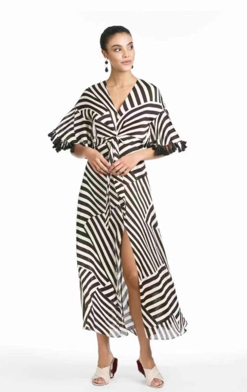 A5262 Elegant V Neck Tassel Short Sleeve Striped Belted Long Dress
