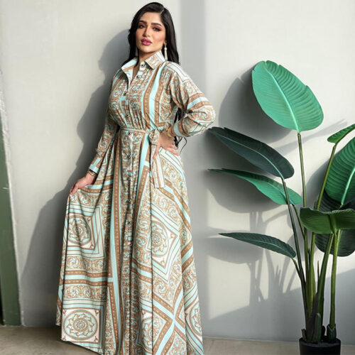Fashion Floral Print Button Long Maxi Dress with Belt Middle East Islamic