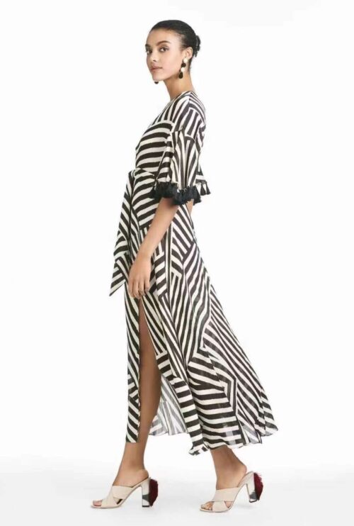 A5262 Elegant V Neck Tassel Short Sleeve Striped Belted Women Long Dress